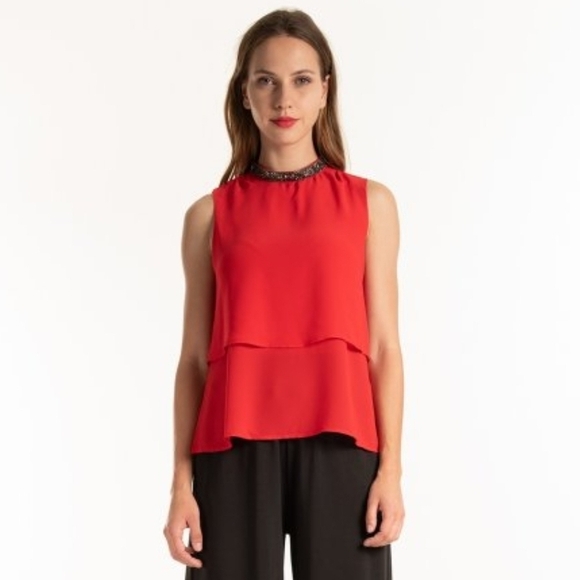 Calvin Klein Tops - Calvin Klein Red Sleeveless Layered Beaded-Neck Camisole Size L
